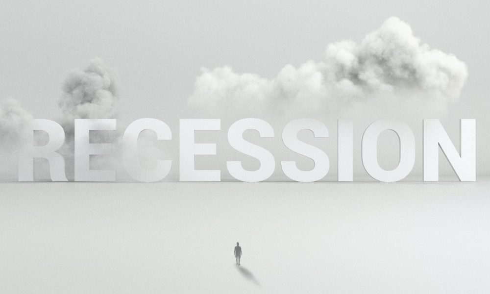graphic image of recession word with silhouette of a man