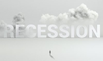 graphic image of recession word with silhouette of a man