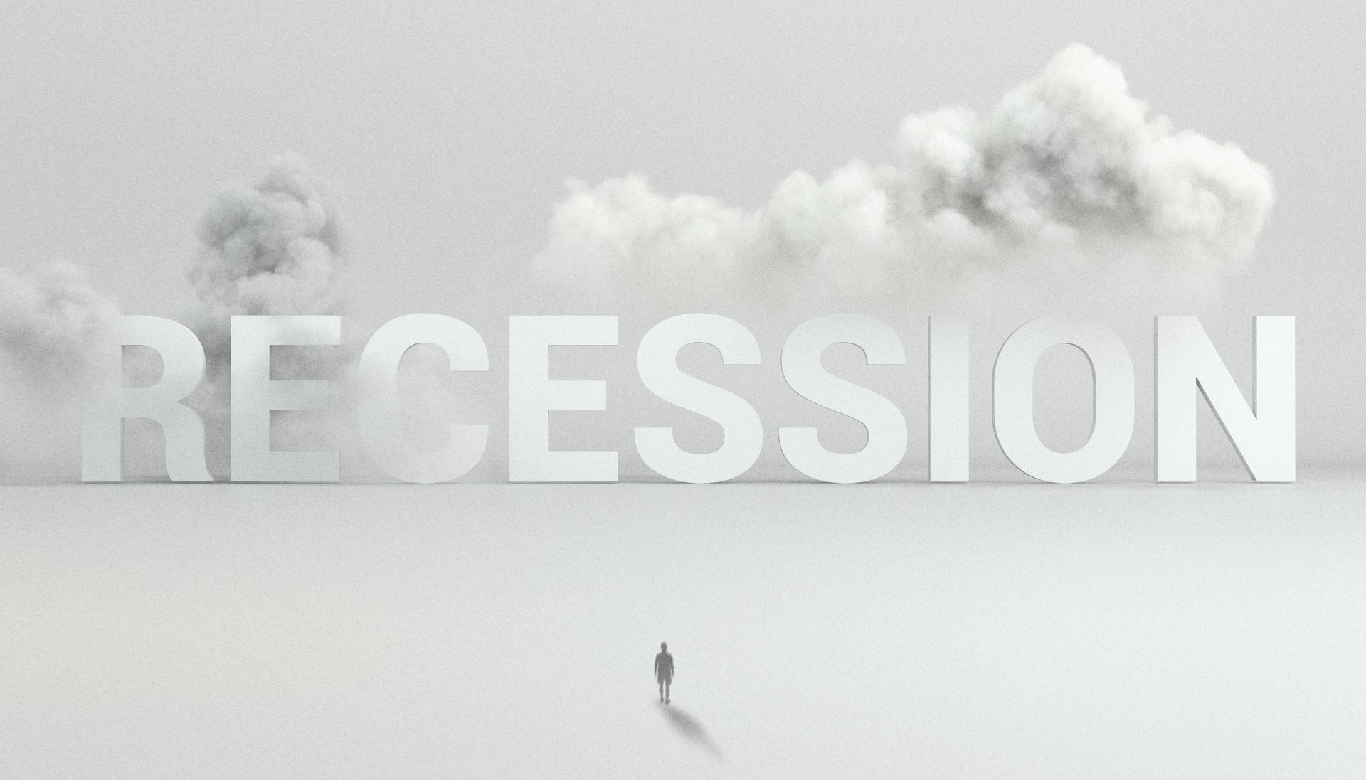 graphic image of recession word with silhouette of a man