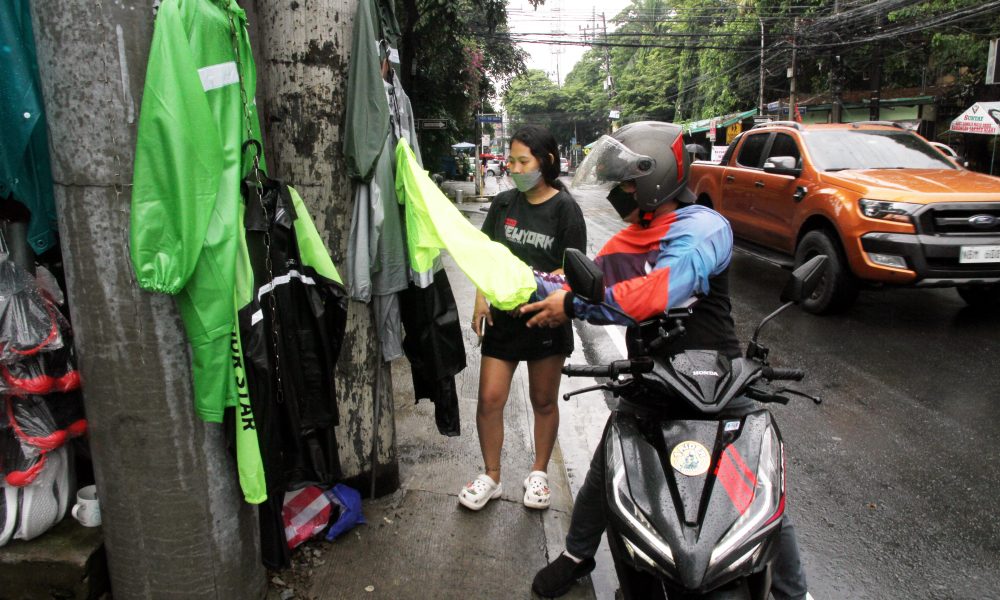 Man buying a raincoat