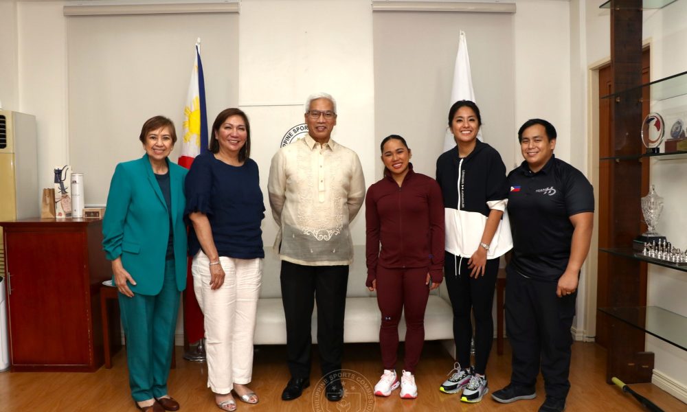 Hidilyn Diaz and Arianne Cerdeña-Valdez visit chairman Noli Eala and Commissioner Olivia Bong Coo