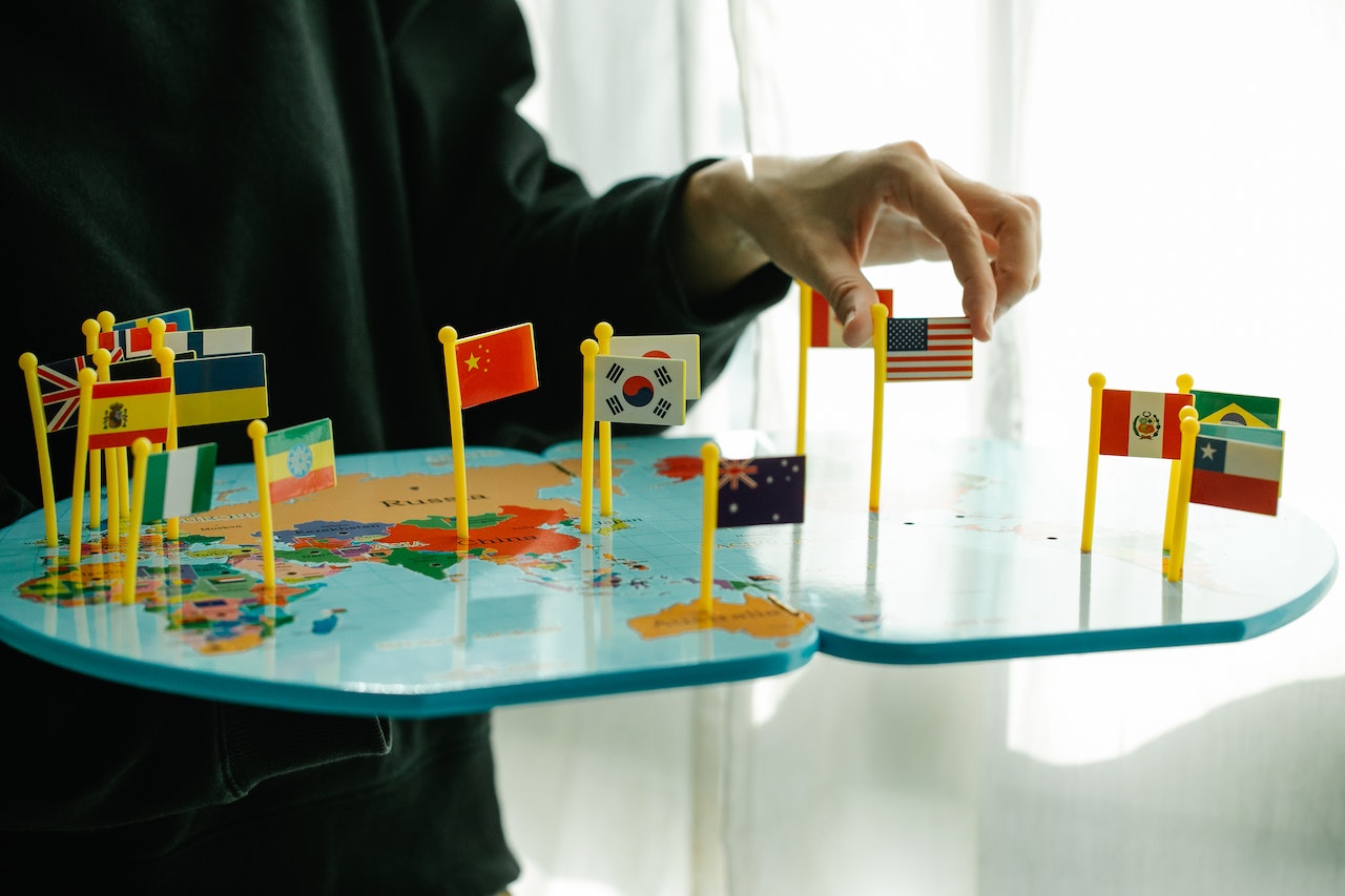 world map board with flags pinned