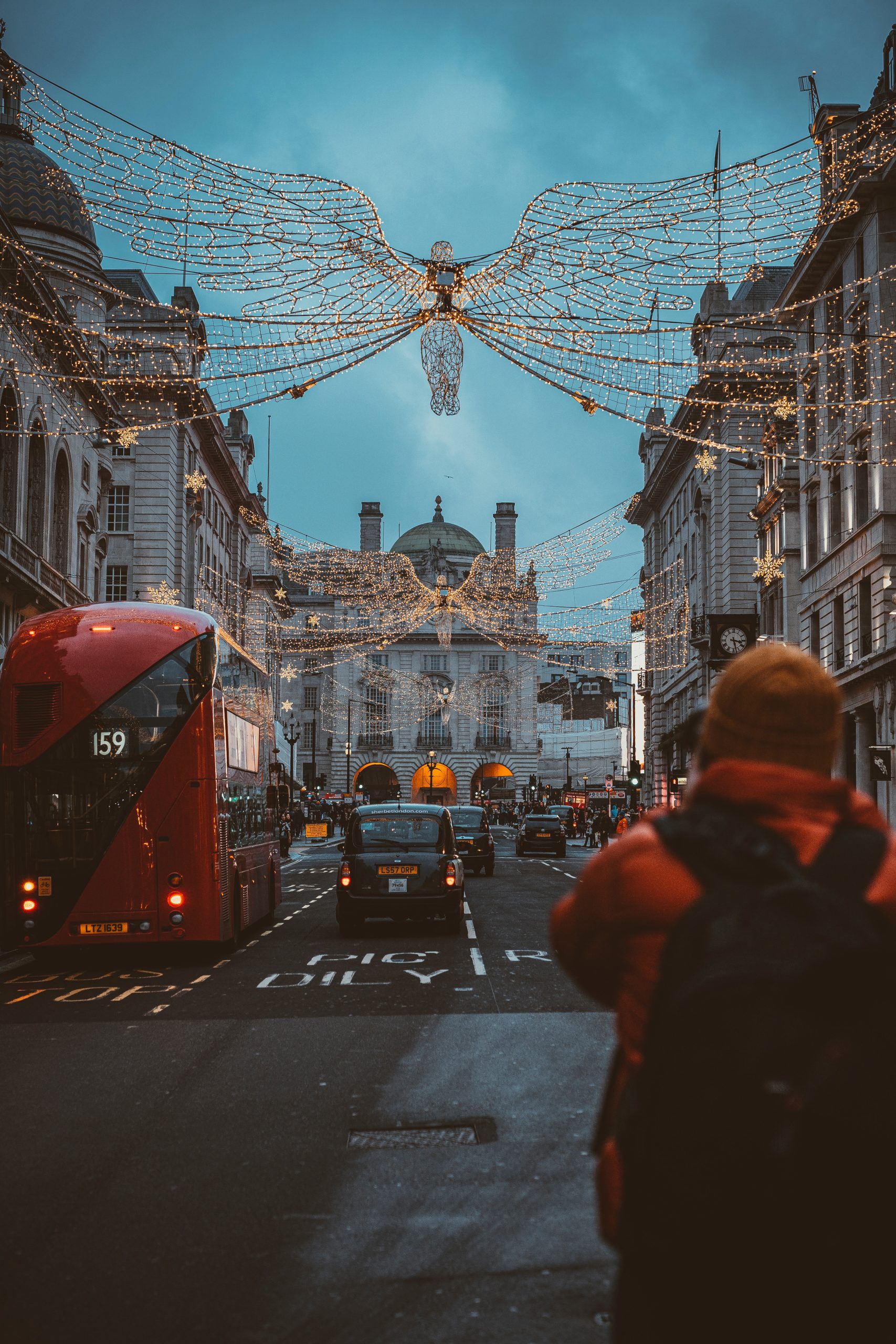 View of Regent Street in the City of Westminster in London decorated with Angel Lights for Christmas