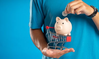 Photo of a Person with a Piggy Bank and a Shopping Cart