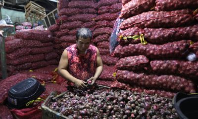 vendor removes the excess skin of red onions