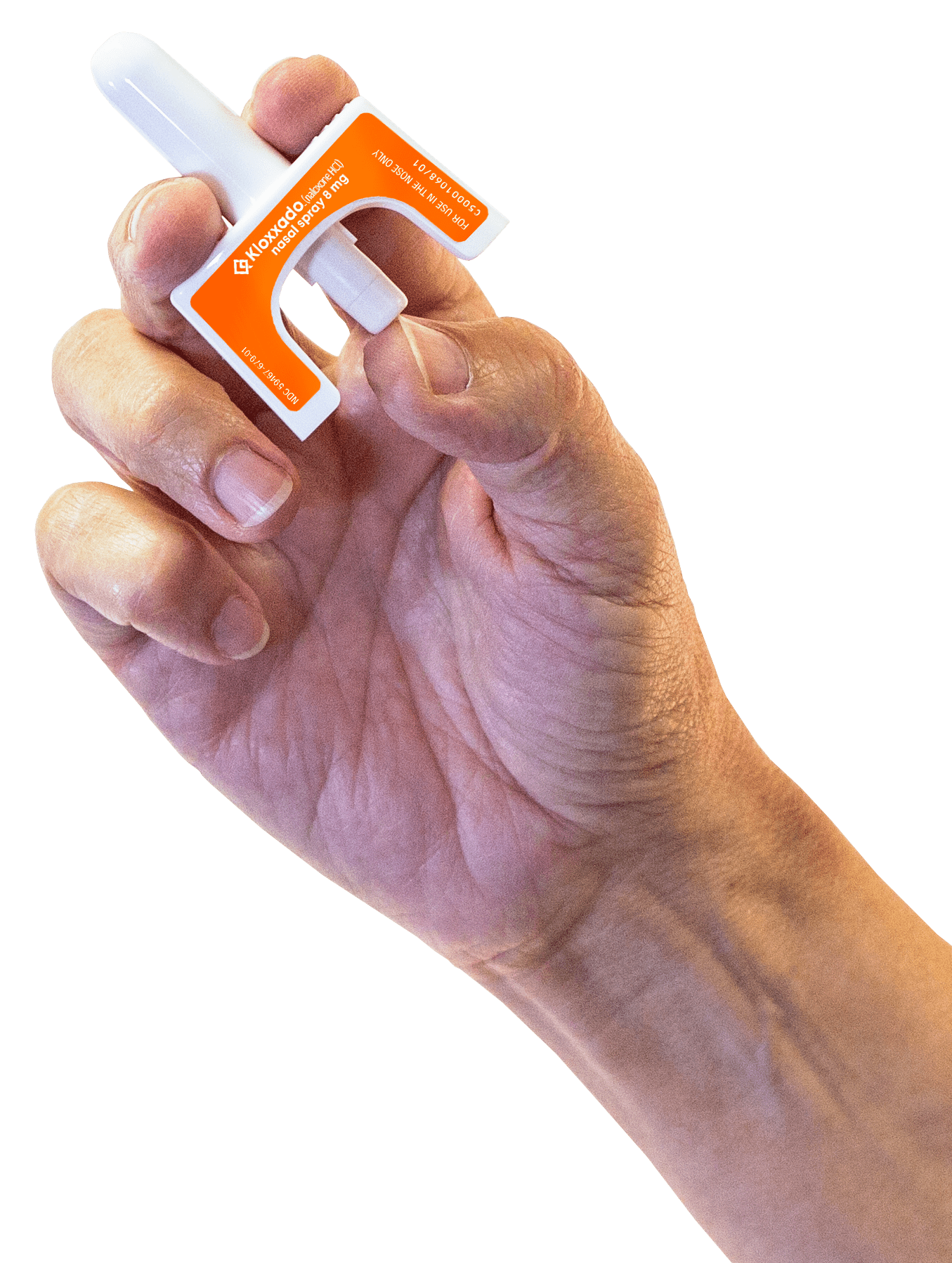 A hand holding a Kloxxado intranasal spray device. With the tip inserted into the nostril of someone who has suspected overdose, a dose of naloxone is administered by using one's thumb to push the plunger up toward the index and middle fingers.