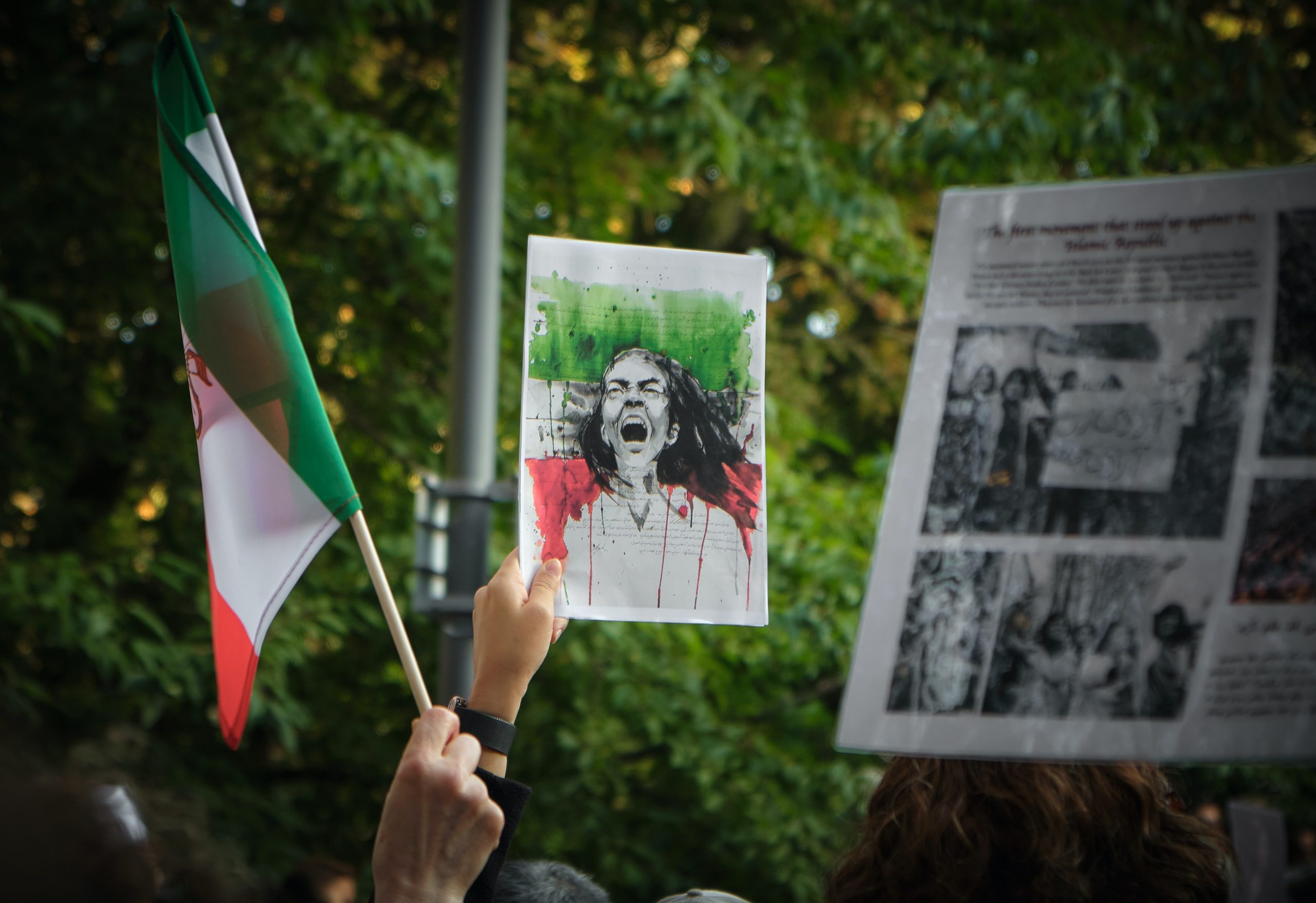 Hands Holding an Iranian Flag and a Protest Sign