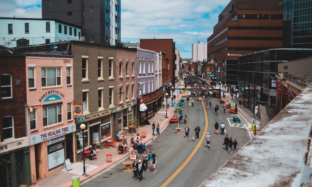 People walking down street in downtown