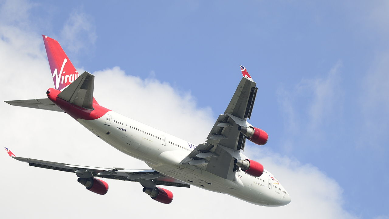 Virgin aircraft flying at the sky