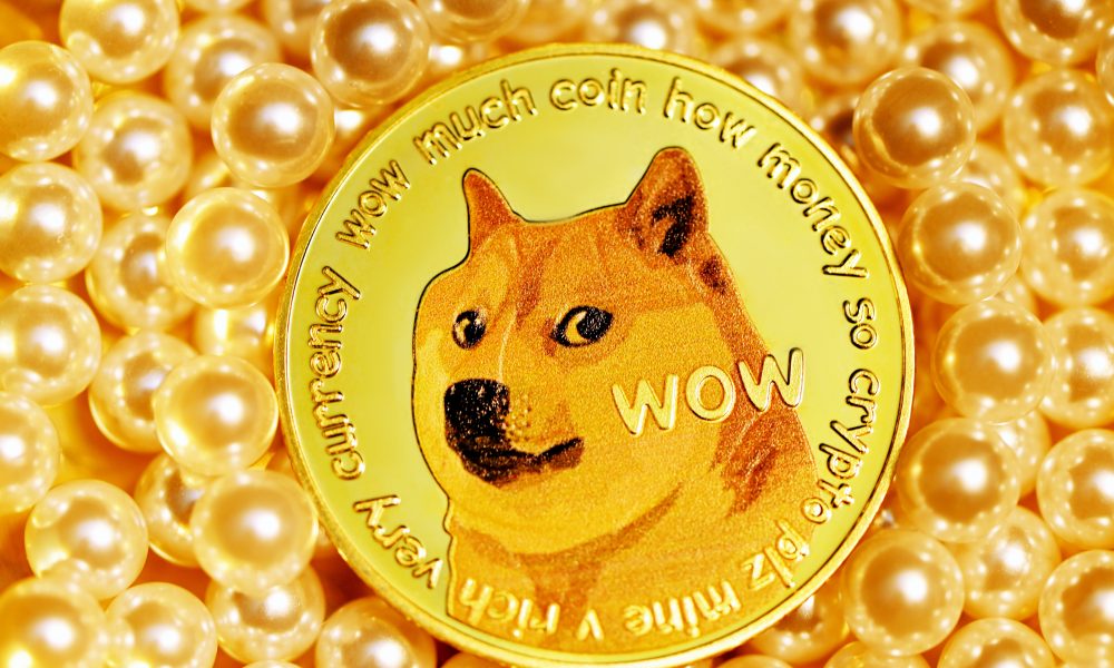 A single Dogecoin on a pile of pearls.