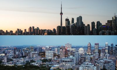 aerial views of Toronto and Montreal skyscrapers