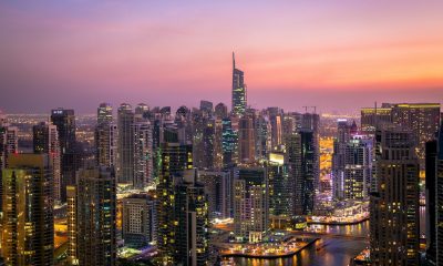 aerial view of city night lights in Dubai