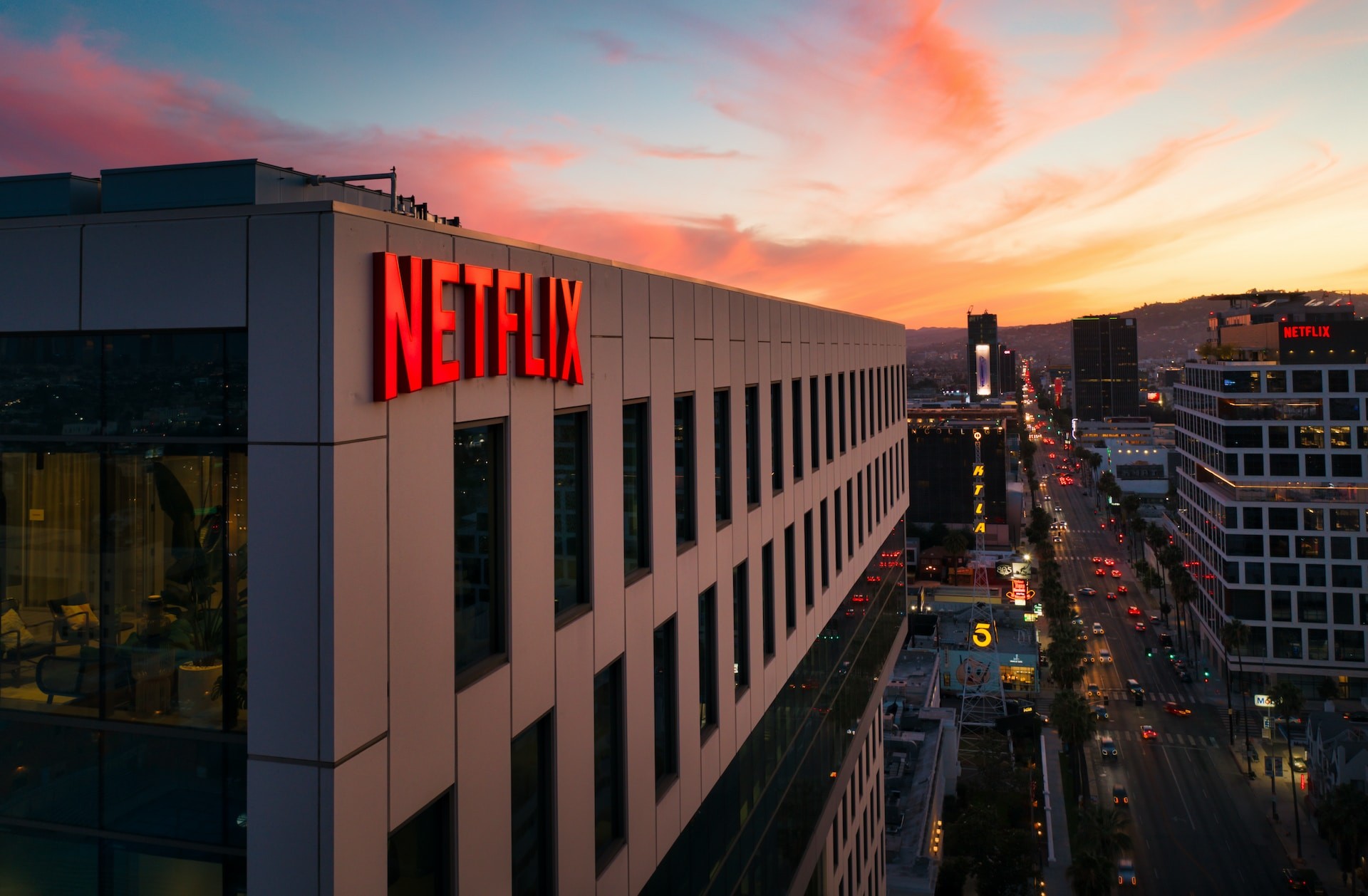 building with Netflix logo