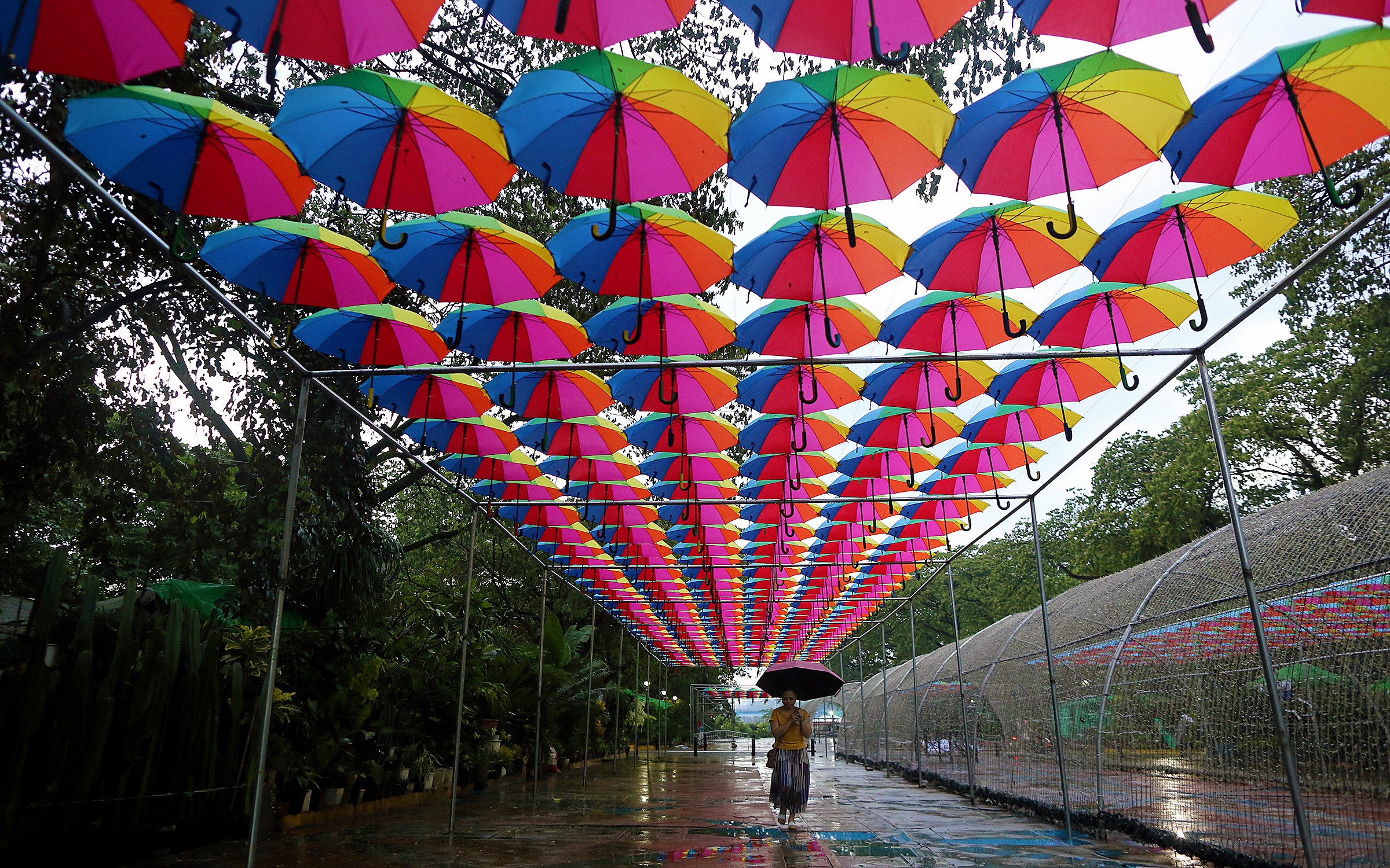 colorful umbrellas hanging as roof