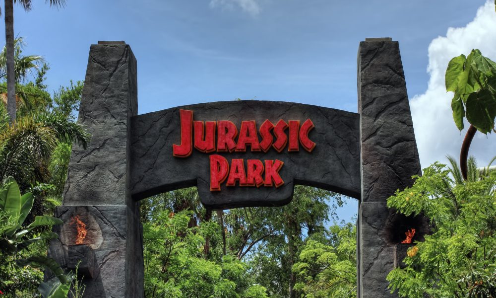 The entrance to Jurassic Park, at Universal Studios Islands of Adventure in Orlando, Florida.