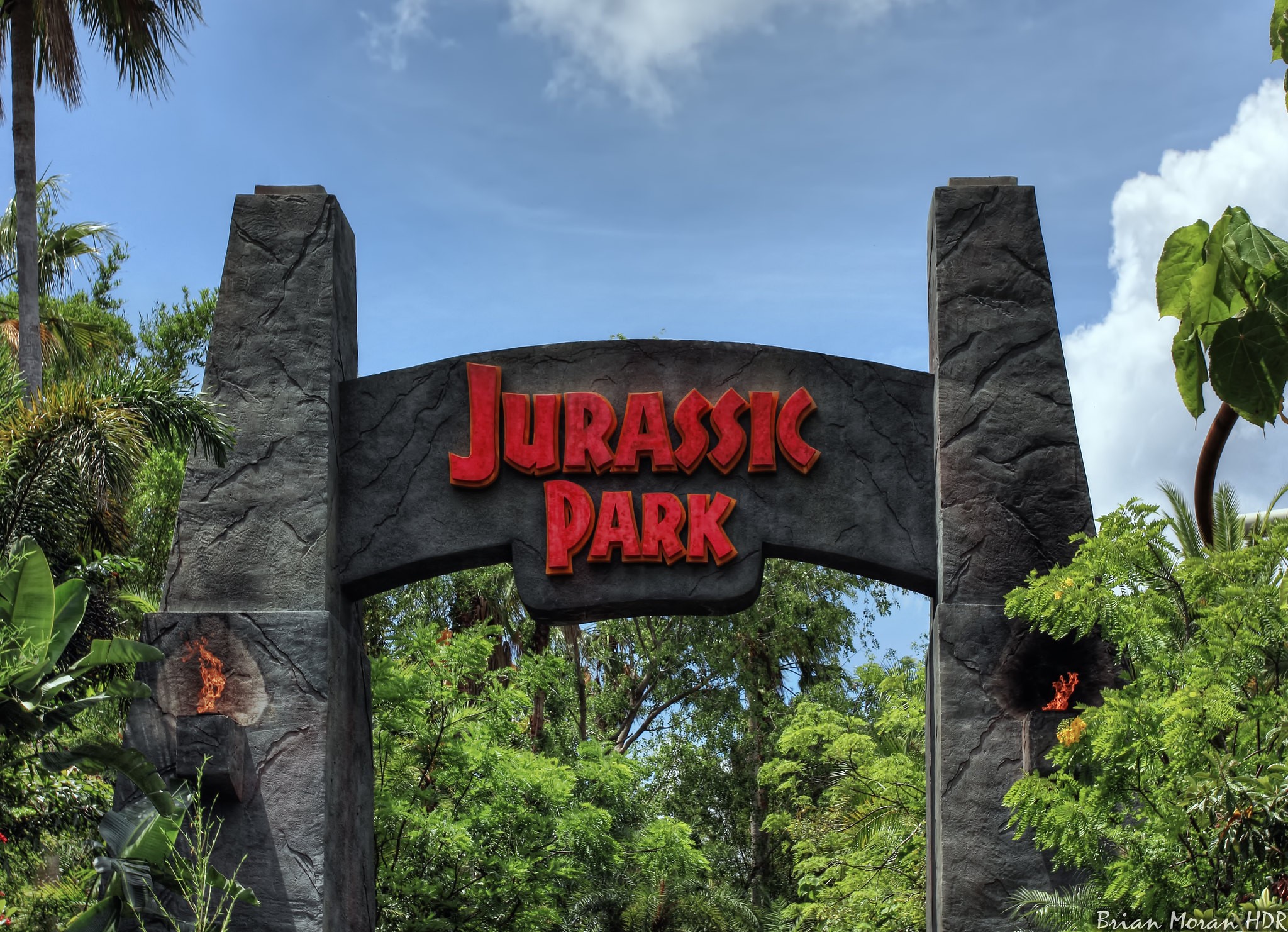 The entrance to Jurassic Park, at Universal Studios Islands of Adventure in Orlando, Florida.