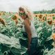 Woman in White Tank Top Standing in Sunflower Field