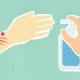 Paper cutout of person disinfecting hands