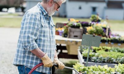 Farmer watering plants on farm