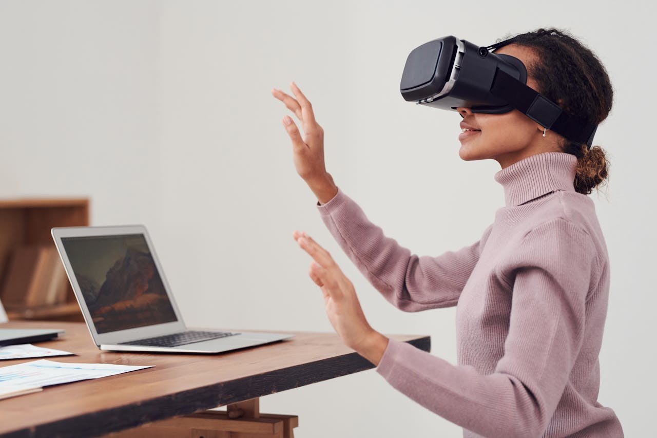 woman using VR goggles